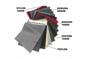 Swatch of waterproof fabrics Teflon, Nylon 1000D, Oxford 1680d, Kodura 1680D, Kodura Denim, 15x20 cm Swatch of waterproof fabrics Teflon, Nylon 1000D, Oxford 1680d, Kodura 1680D, Kodura Denim, 15x20 cm