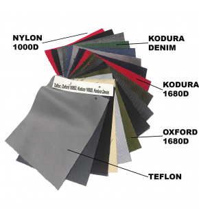 Swatch of waterproof fabrics Teflon, Nylon 1000D, Oxford 1680d, Kodura 1680D, Kodura Denim, 15x20 cm