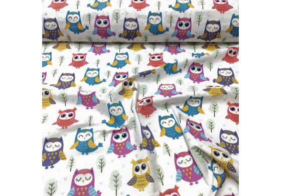 Cotton fabrics, by the meter. Owls Multi on White