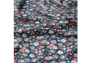 Cotton Fabric Pink Flowers and Foxes on Garnet