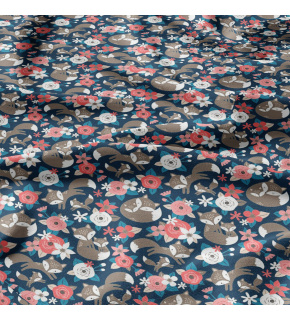 Cotton Fabric Pink Flowers and Foxes on Blue