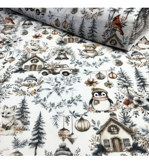 Christmas cotton fabric, by the meter, width 160 cm, Christmas pattern on White