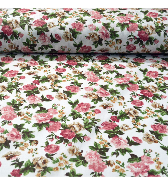 Cotton fabric 100% cotton, 125 g/m², width 160 cm, small pink flowers on white