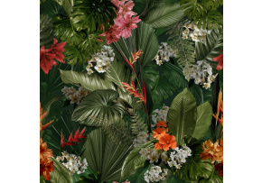 Velvet upholstery fabrics with print. Green tropical leaves with flowers