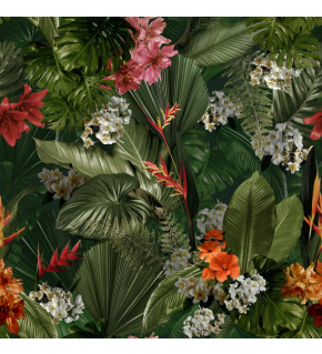 Velvet upholstery fabrics with print. Green tropical leaves with flowers