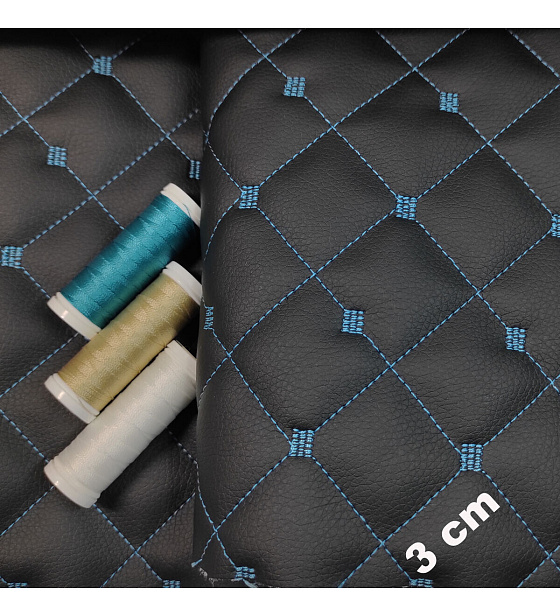 Eco-leather MIX 3x3 cm color Black quilted with Turquoise threads 1.45 m x 0.5 m