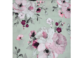 Cotton Fabric Flowers Pink on Grey