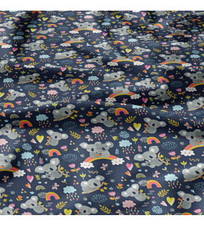 Cotton fabrics, by the meter. Pandas on a rainbow on blue