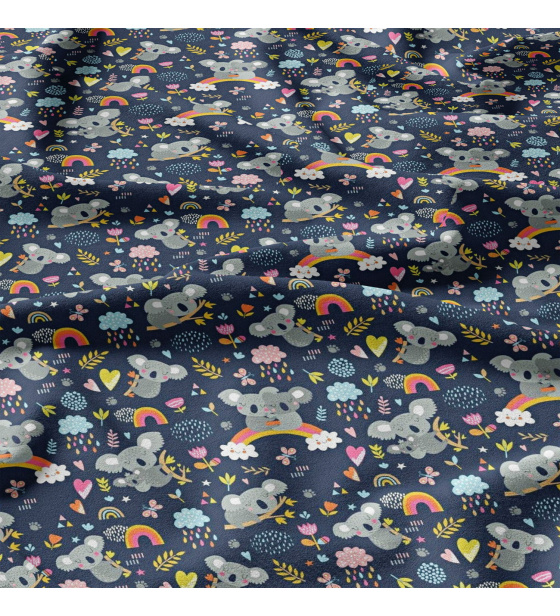 Cotton fabrics, by the meter. Pandas on a rainbow on blue