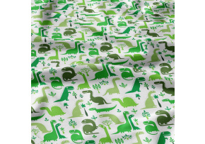 Cotton fabric, by the meter. Dinosaurs Green on White