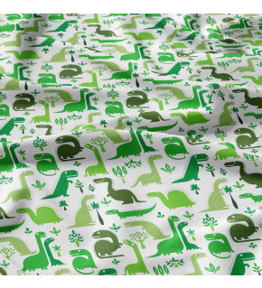 Cotton fabric, by the meter. Dinosaurs Green on White