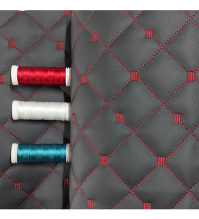 Eco-leather MIX 3x3 cm graphite color quilted with red threads, by the meter, 145 cm