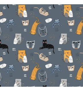 Cotton fabrics, by the meter. Milk Cats on Graphite