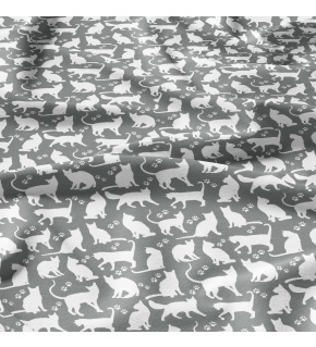 Cotton fabric, by the meter. White Cats on Grey