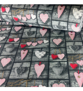 Decorative cotton fabric, by the meter, Hearts on Gray