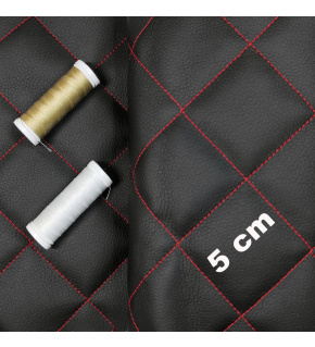 Quilted eco-leather 5×5 cm, black, red threads, by the meter, width 145 cm