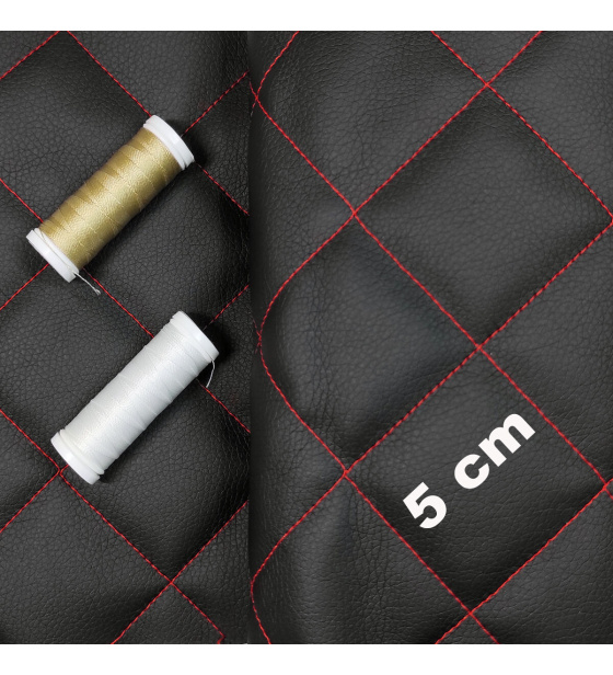 Quilted eco-leather 5×5 cm, black, red threads, by the meter, width 145 cm