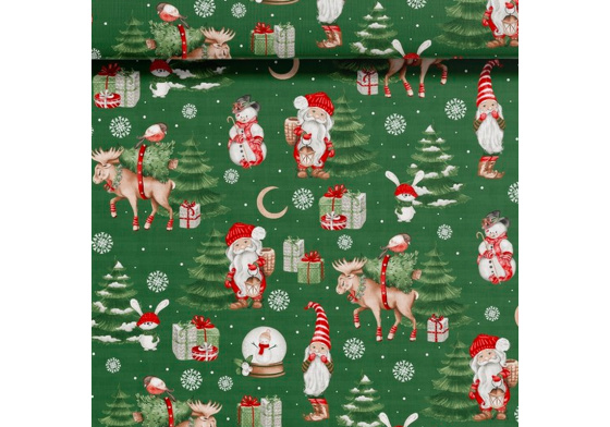 Christmas cotton fabric, by the meter, width 160 cm, Snowman on Green