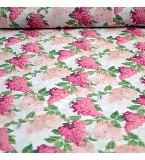 Dekorační dětská bavlněná látka vzor Větve šeříká růžové na bílém