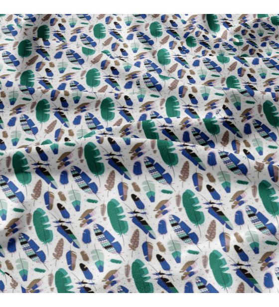 Decorative cotton fabric, by the meter, Blue and Mint Feathers on White