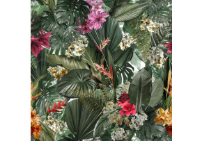 Velvet upholstery fabrics with print, Flowers on Green Leaves