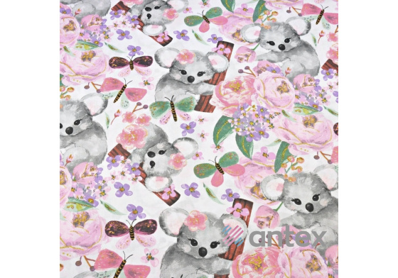 Cotton fabric, by the meter. Koalas on White