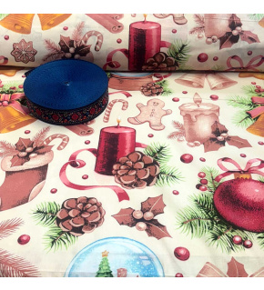 Christmas cotton fabric, by the meter, width 160 cm, Christmas motif on White, 10-5