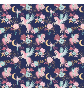 Cotton fabric, by the meter. Unicorn on blue