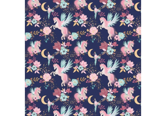 Cotton fabric, by the meter. Unicorn on the Garnet