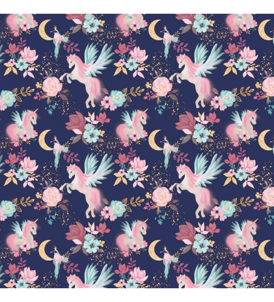 Cotton fabric, by the meter. Unicorn on blue