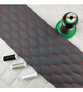 Eco-leather GEO graphite color quilted with red threads, faux leather by the meter,