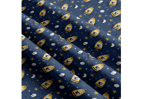 Children's cotton fabric by the meter Rockets Yellow on Navy