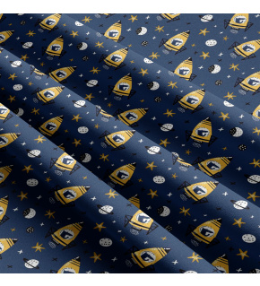 Children's cotton fabric by the meter Rockets Yellow on blue
