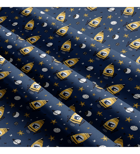 Children's cotton fabric by the meter Rockets Yellow on blue