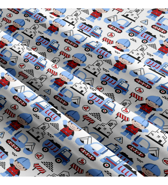 Children's cotton fabric by the meter Construction machines on white