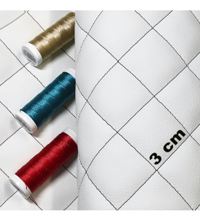 Eco-leather KLASIK 3x3 cm color white quilted with black threads, by the meter, 145 cm