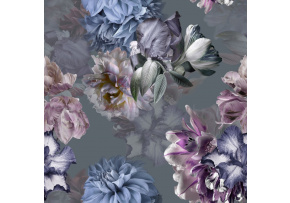 Velvet upholstery fabrics with print, Blue Flowers on Grey