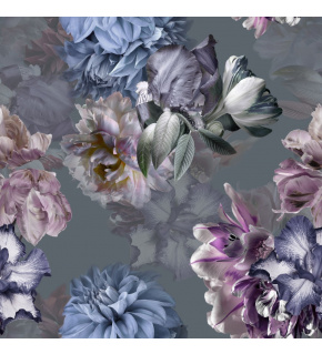 Velvet upholstery fabrics with print, Blue Flowers on Grey