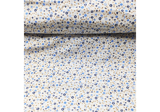 Dekorační dětská bavlněná látka vzor kytičky modro-šedé na bílém