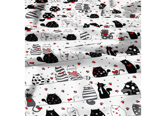 Cotton fabric, by the meter. Crazy cat on White
