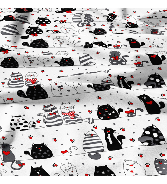 Cotton fabric, by the meter. Crazy cat on White
