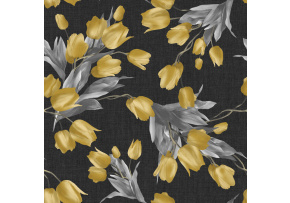 Velvet upholstery fabrics with print, Yellow Tulips on Black
