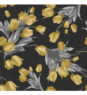 Velvet upholstery fabrics with print, Yellow Tulips on Black