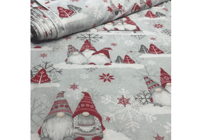 Christmas cotton fabric, by the meter, width 160 cm, Red Gnomes on Gray, Red snowflakes.flakes Christmas cotton fabric, by the meter, width 160 cm, Red Gnomes on Gray, Red snowflakes.flakes