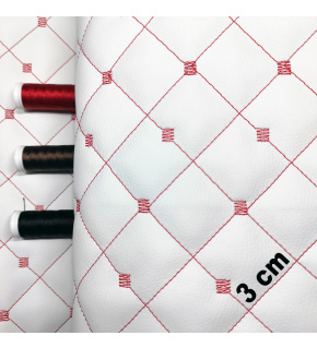 Eco-leather MIX 3x3 cm color white quilted with red threads, by the meter, 145 cm