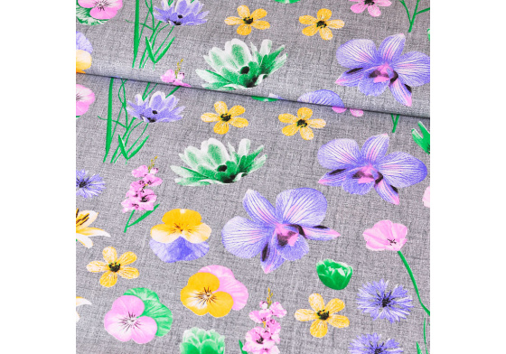 Dekorační dětská bavlněná látka vzor Lilie na šedém