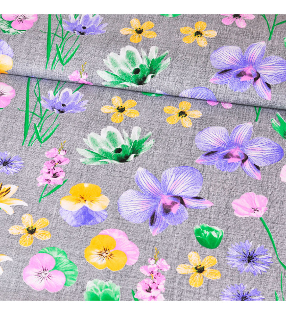 Dekorační dětská bavlněná látka vzor Lilie na šedém