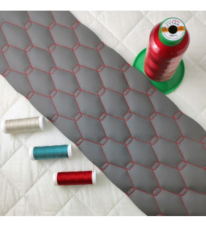 Eco-leather GEO color gray quilted with red threads, faux leather by the meter,