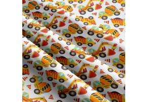 Children's cotton fabric by the meter Construction Machines Yellow on White