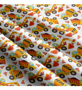 Children's cotton fabric by the meter Construction Machines Yellow on White